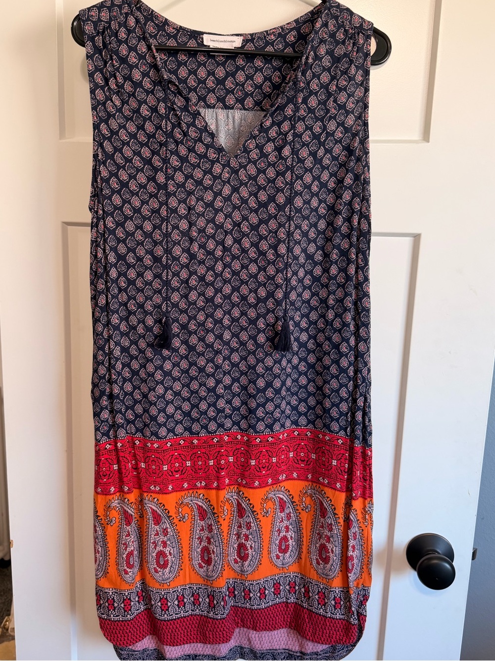 Navy Paisley Border Print Dress with Tassel Tie